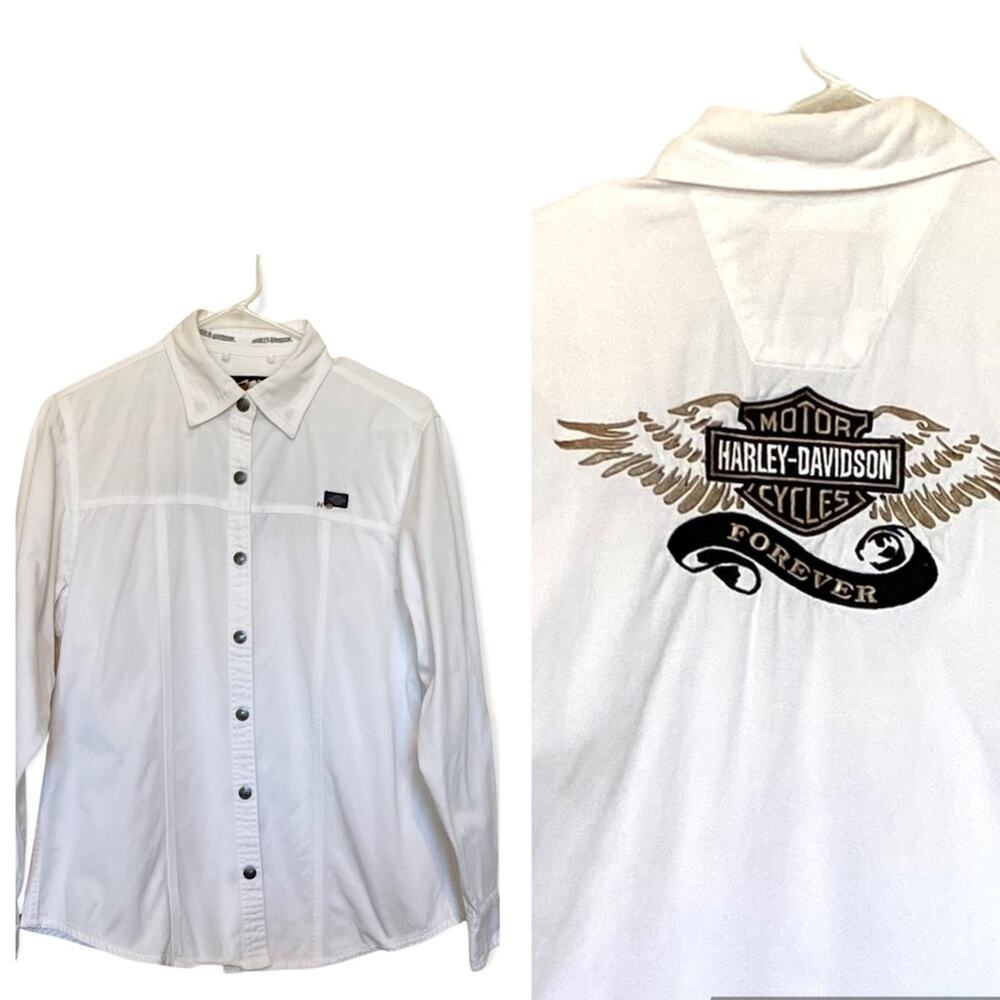 VTG Harley Davidson shirt women's M Forever logo snap front long sleeve denim